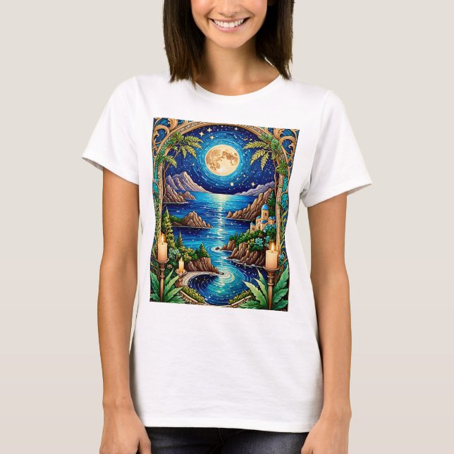 Camiseta Celestial Mononlit Ocean Fantasy Landscape Art Tee (Frente)