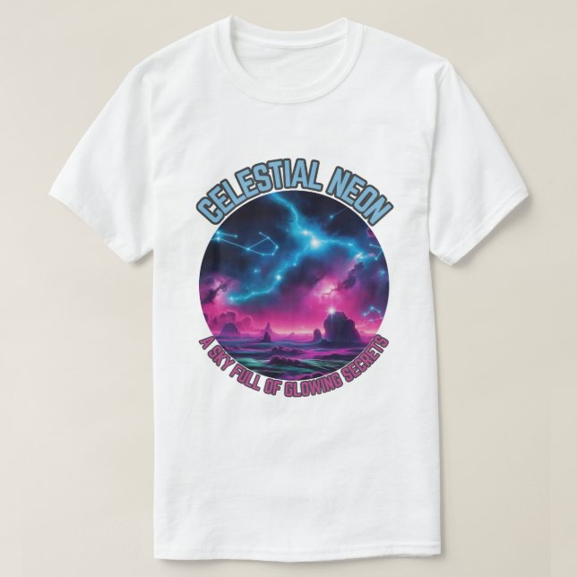 Camiseta Celestial Neon - Um cheio do céu com segredos bril (Frente do Design)