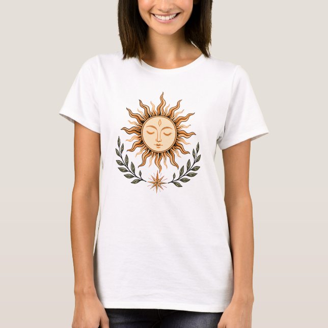 Camiseta Celestial Sun Face Botanical Mystical Art (Frente)