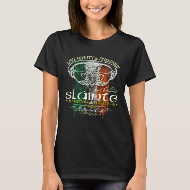 Camiseta Celtic Claddagh Slainte Grunge Irish Flag St Patri (Frente)