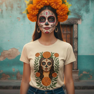 Camiseta Cempasúchil Aztec Marigolds Catrina Botânica