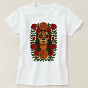 Camiseta Cempasúchil y Rosas Catrina Mexicana Calavera
