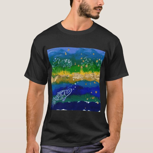Camiseta Cena Abstrata do Rio com Peixes Excêntricos Pintur (Frente)