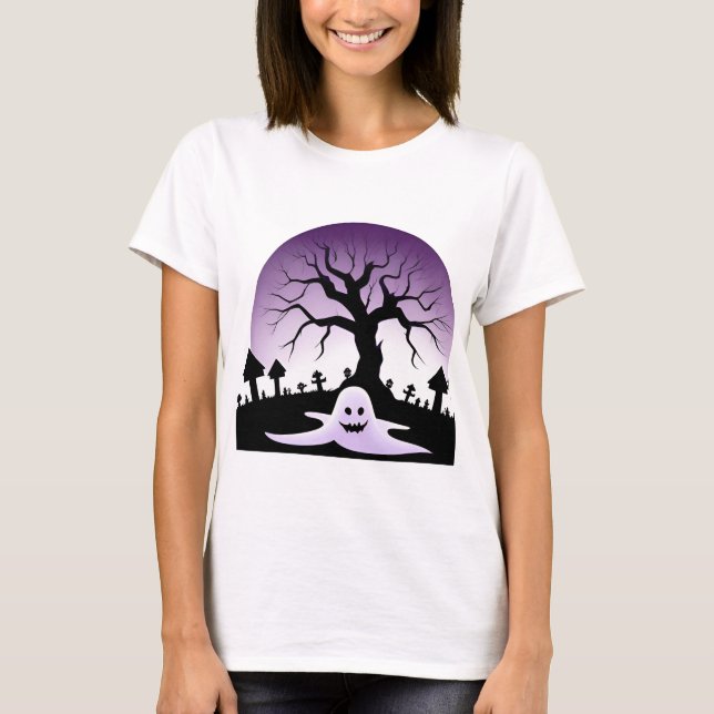 Camiseta Cena assustadora de Halloween com fantasma e árvor (Frente)