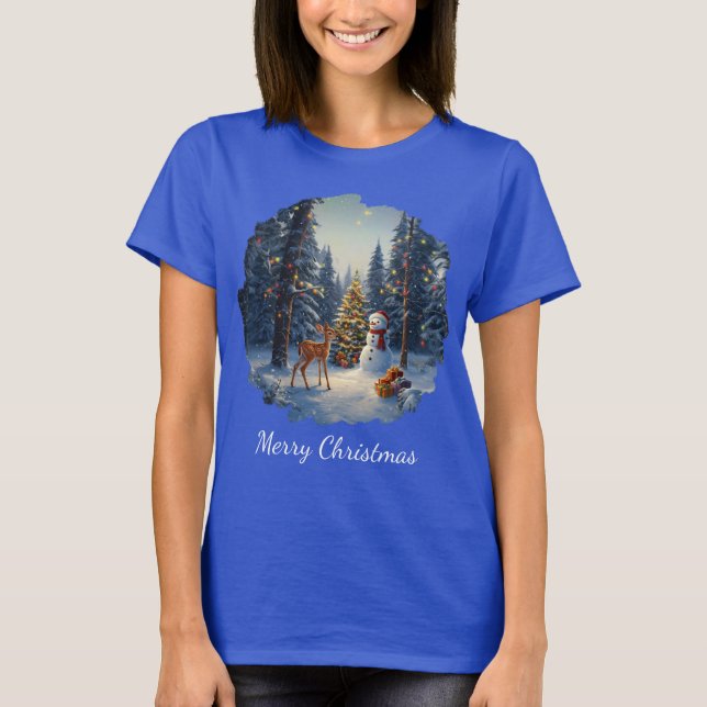 Camiseta Cena da Árvore de Natal Fofo Deer Fawn Snowman (Frente)