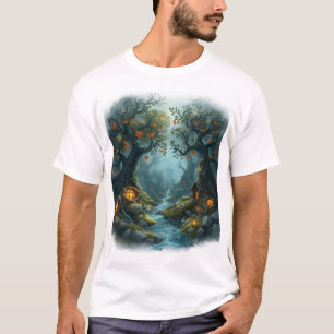 Camiseta Cena da Floresta Encantada com Casas de Fadas e Fl