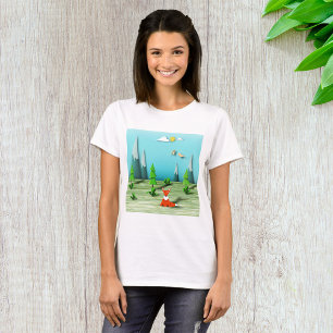 Camiseta Cena da Floresta Origami com Montanhas Fox e Aves
