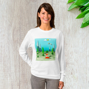 Camiseta Cena da Floresta Origami com Montanhas Fox e Aves