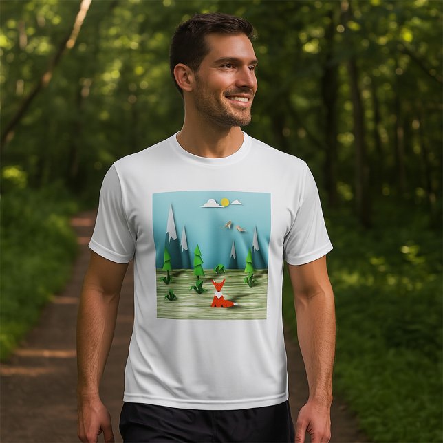 Camiseta Cena da Floresta Origami com Montanhas Fox e Aves (Criador carregado)