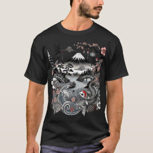 Camiseta Cena da Natureza Japonesa - Koi, Cerejeiras em Flo