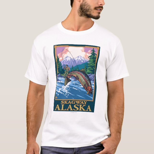Camiseta Cena da pesca com mosca - Skagway, Alaska (Frente)