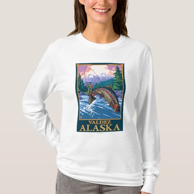Camiseta Cena da pesca com mosca - Valdez, Alaska (Frente)