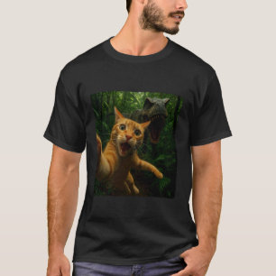Camiseta Cena de Ação de Gato e T Rex Design Pré-Histórico
