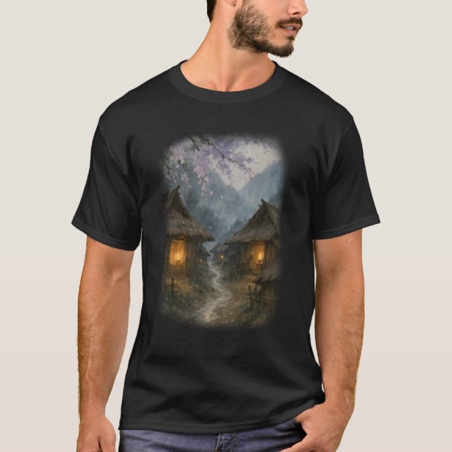 Camiseta Cena de Aquarela da Misty Mountain Village (Frente)
