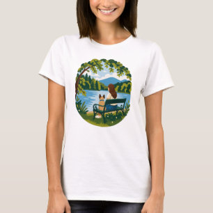 Camiseta Cena de banco de lago tranquilo com Bulldog Francê