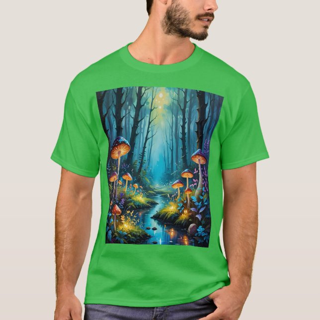 Camiseta Cena de Brilho Mágico da Floresta Mushroom (Frente)