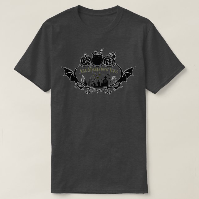 Camiseta Cena de Cemitério Assombrada com Jackolanternas Ca (Frente do Design)
