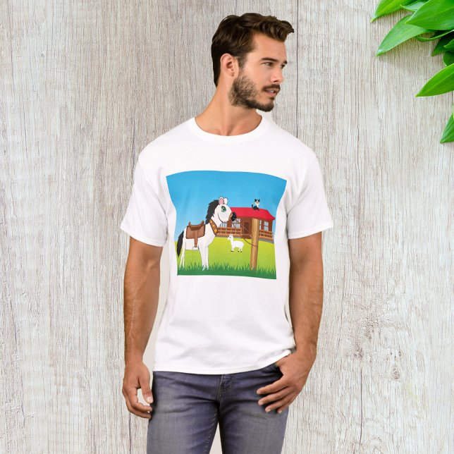 Camiseta Cena de Fazenda de Cartoon com Gato de Cavalo e Ca (Criador carregado)
