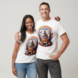Camiseta Cena de Halloween Spooky com Pumpkins Hunted House