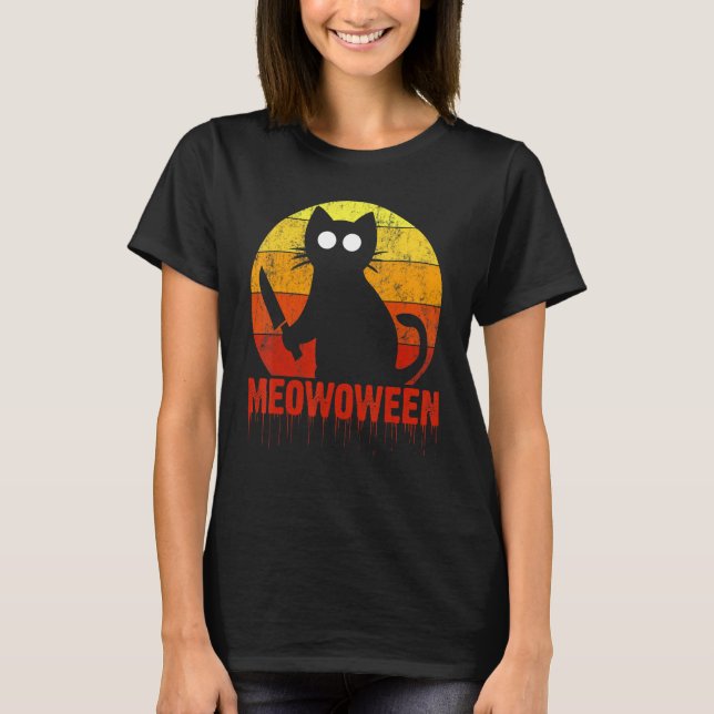 Camiseta Cena de Horror Sangrento do Gato de Halloween (Frente)