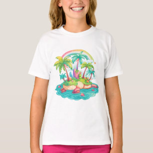 Camiseta Cena de Ilha Tropical – Palmeiras com Arco-íris