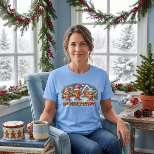 Camiseta Cena de Natal Nevado com Família de Pão de Mel