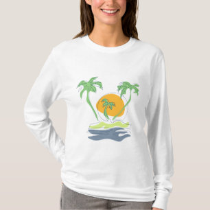 Camiseta Cena de praia em ilha tropical. Contorno de palmei
