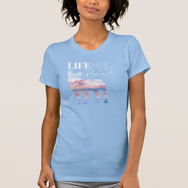 Camiseta Cena de praia francesa moderna rosa e azul (Frente)