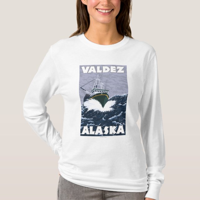 Camiseta Cena do barco de pesca - Valdez, Alaska (Frente)