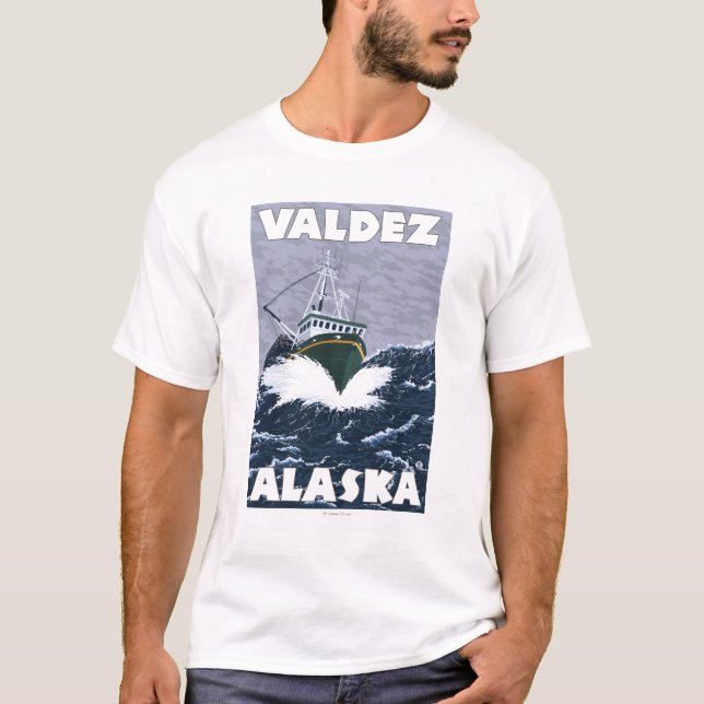 Camiseta Cena do barco de pesca - Valdez, Alaska (Frente)