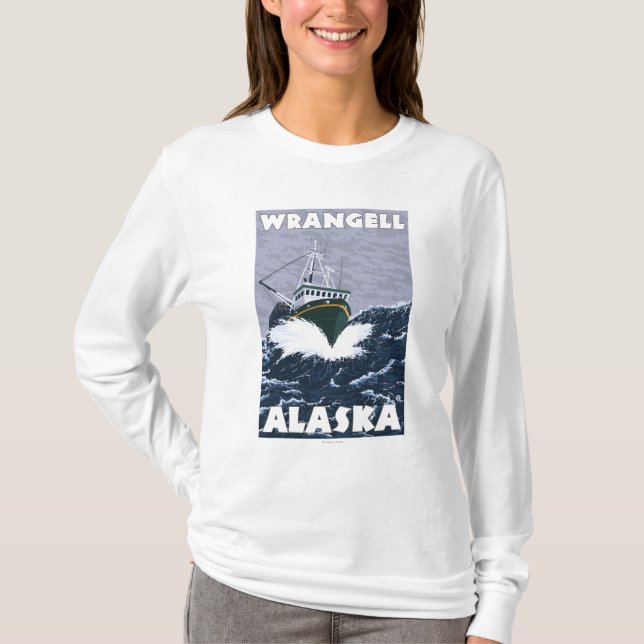 Camiseta Cena do barco de pesca - Wrangell, Alaska (Frente)