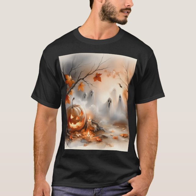 Camiseta Cena do Dia das Bruxas com abóbora e fantasmas (Frente)