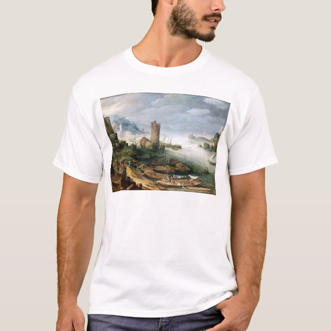 Camiseta Cena do rio com uma torre arruinada (Frente)