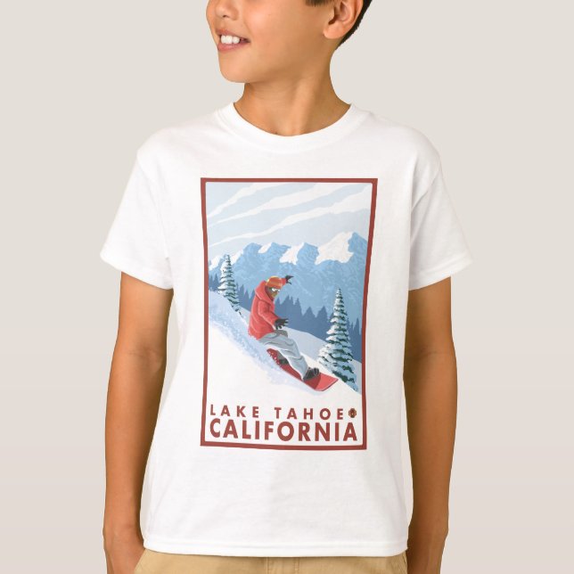Camiseta Cena do Snowboarder - Lake Tahoe, Califórnia (Frente)