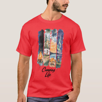 Camiseta Cena familiar de natureza de camping em aquarela