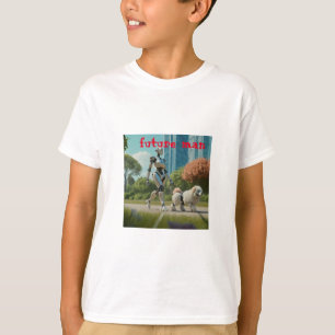 Camiseta cena futurista de um robô andando com um cão.