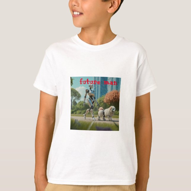 Camiseta cena futurista de um robô andando com um cão. (Frente)
