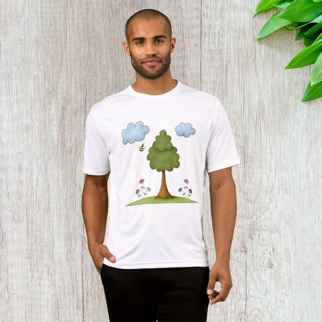 Camiseta Cena natural de abelhas e árvores com flores e nuv (Criador carregado)