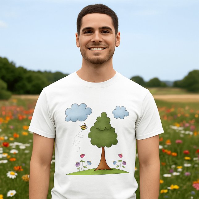 Camiseta Cena natural de abelhas e árvores com flores e nuv (Criador carregado)