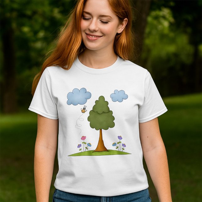 Camiseta Cena natural de abelhas e árvores com flores e nuv (Criador carregado)