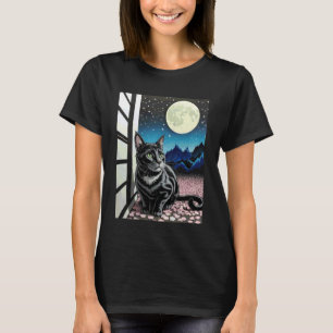 Camiseta Cena Noturna de Gato Preto com Flor de Cerejeira e