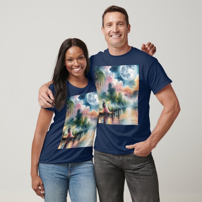 Camiseta Cena Noturna Romântica de Moonlight Watercolor (Unissex)