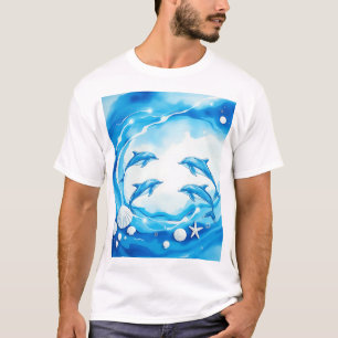 Camiseta Cena Oceânica com Golfinhos em Aquarela