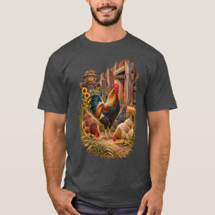 Camiseta Cena Rústica de Celeiro de Fazenda com Galo e Gali