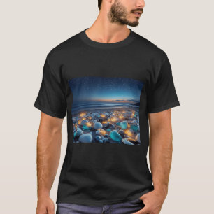 Camiseta Cena Serena da Praia ao Crepúsculo Com Pedras Poli