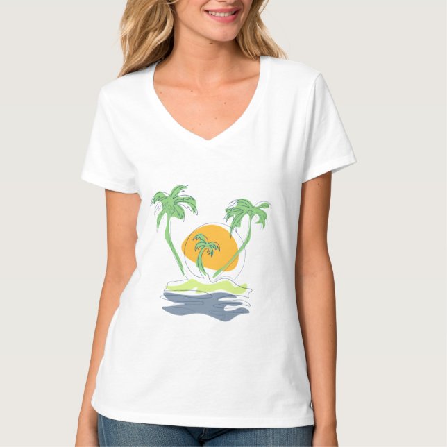 Camiseta Cenário de praia de ilha tropical. Árvore de palme (Frente)