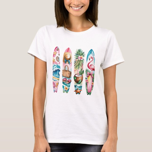 CAMISETA CENAS DE PRAIA COM TEMÁTICA DE VERÃO ROSA E AZUL (Frente)