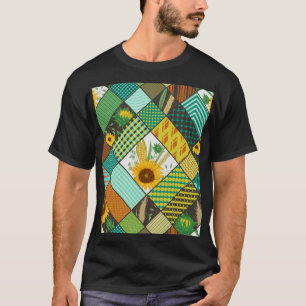 Camiseta Cereais de retalhos, girassóis, padrão geométrico.