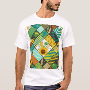 Camiseta Cereais de retalhos, girassóis, padrão geométrico.