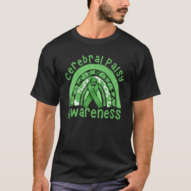 Camiseta Cerebral Palsy Awareness Green Ribbon Rainbow Leop (Frente)